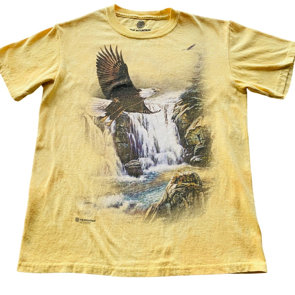 The Mountain Bald Eagle Waterfall Graphic T-Shirt‎ Yellow Tie Dye Mens Small